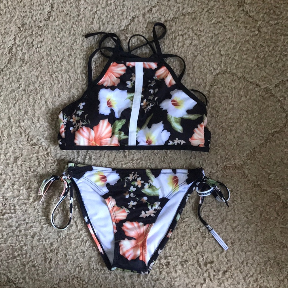 Black Floral High Neck Bathing Suit